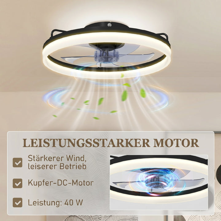 Loftventilator med lys og fjernbetjening, 50 cm LED-loftventilator med 3 farver, 6 hastigheder, timer, dæmpbar