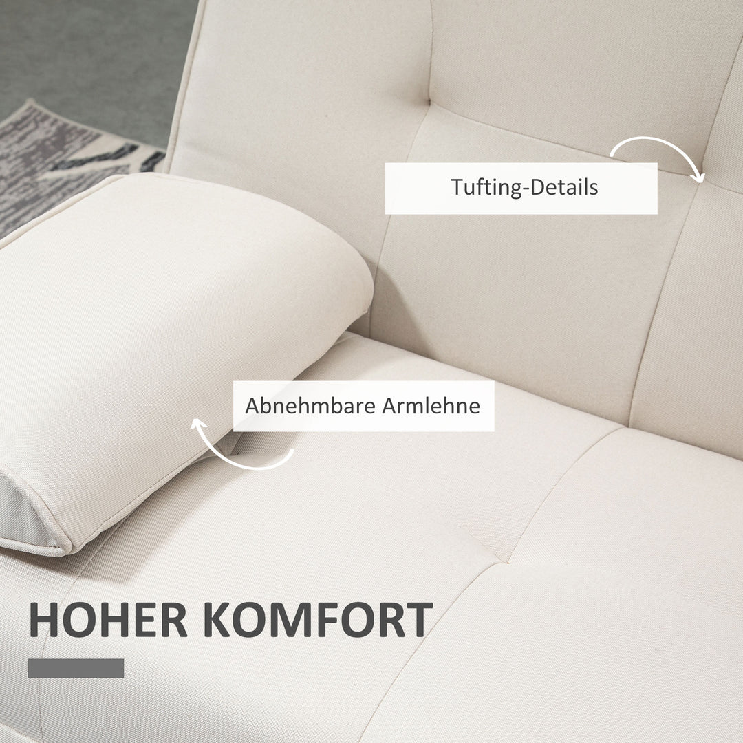 3-Personers sovesofa, ryglæn med justerbart lænestol og klapbord, to armlæn, linnedlook, beige, 181 x 77 x 78 cm