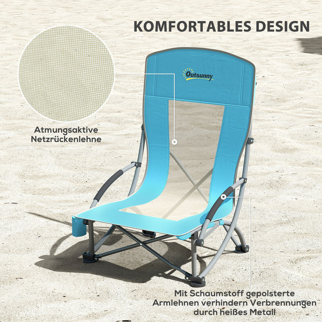 Sæt med 2 foldbare campingstole med kopholder og ryglæn i net, blå