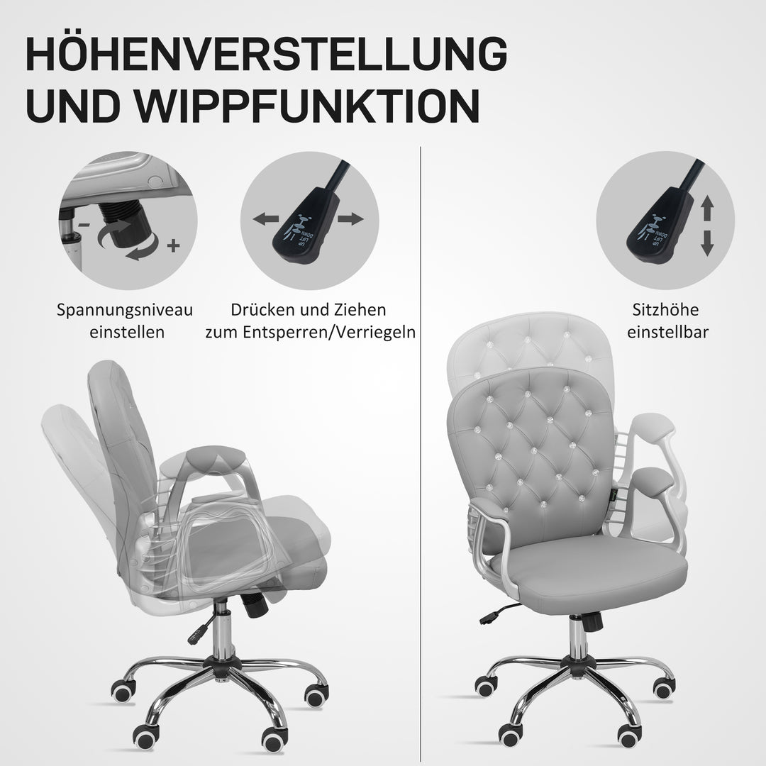 Kontorstol, ergonomisk skrivebordsstol med armlæn, polstret ryglæn, lysegrå