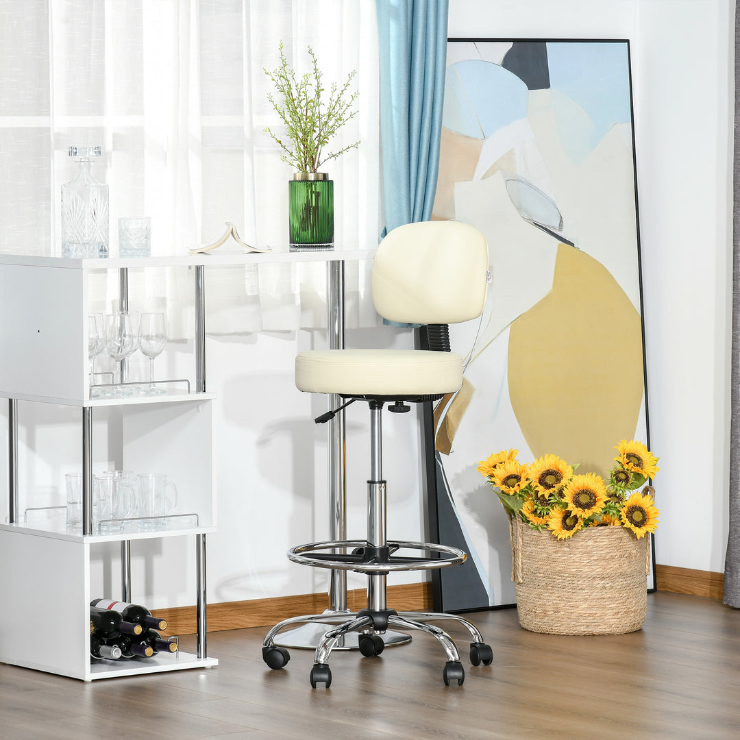 Barstol, højdejusterbar barstol med hjul lavet af kunstlæder arbejdsskammel kontorskammel 360° drejelig med ryglæn polstret beige 56 x 57 x 104-127 cm