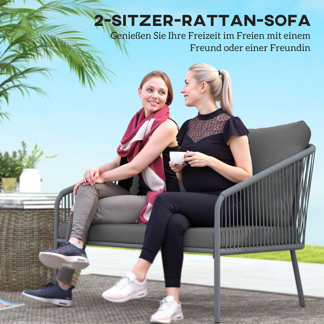 Havesofa med hynder, 2-personers rattansofa, loungesofa, udendørs balkonsofa, 112 x 72 x 76 cm, grå