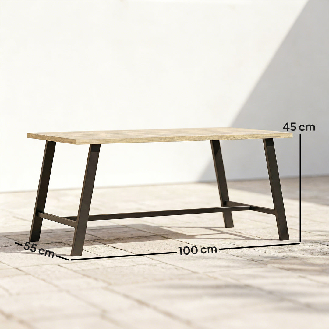 Udendørs sofabord, rektangulært metal sidebord med bordplade i trælook, 100 x 55 cm, brun