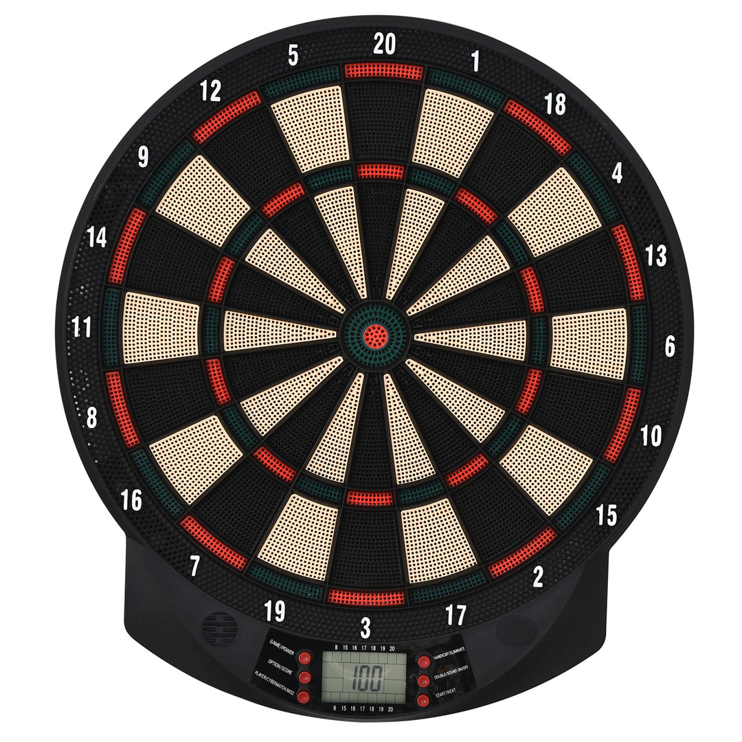 Elektronisk dartskive med automatisk scoring, dartsæt med 6 pile, 30 pilhoveder, 26 spil og 185 scoringsmuligheder til 8 spillere, lydeffekter, sort, 44 x 39,5 x 2,2 cm