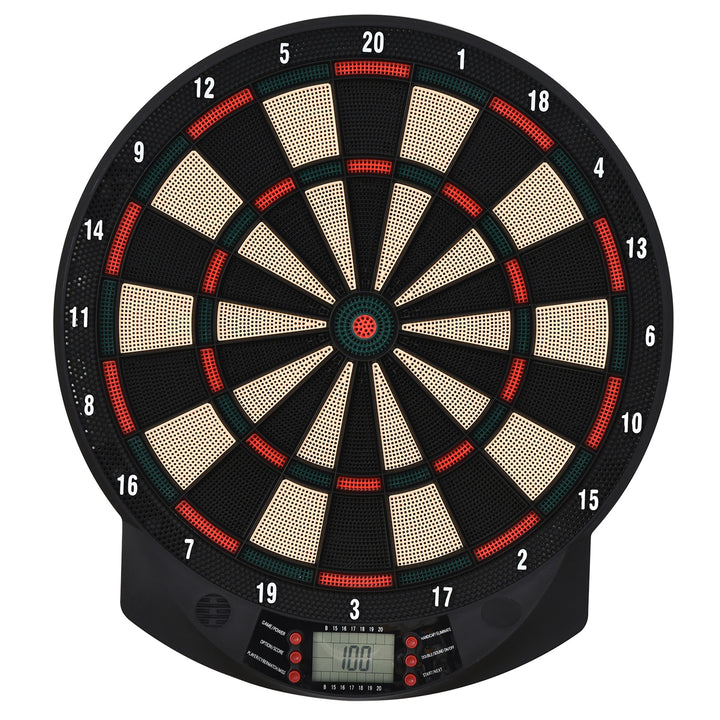 Elektronisk dartskive med automatisk scoring, dartsæt med 6 pile, 30 pilhoveder, 26 spil og 185 scoringsmuligheder til 8 spillere, lydeffekter, sort, 44 x 39,5 x 2,2 cm