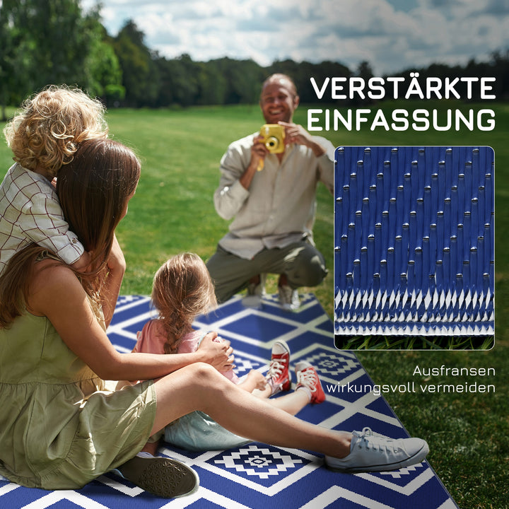 Udendørs tæppe terrassetæppe vejrbestandigt moderne design 182 cm x 274 cm x 0,3 cm blå + hvid