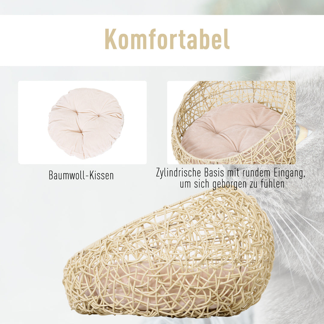 Rattan kattehule, katteseng, kattehus med hynde, kattetelt, kæledyrshus til katte og hunde, beige, Ø56 x 35 cm