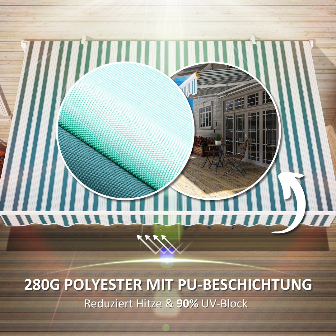 Markise, solsejl, udtrækkelig, med håndsving, metalramme, polyester, hvid+grøn, 3,95 x 2,45 m