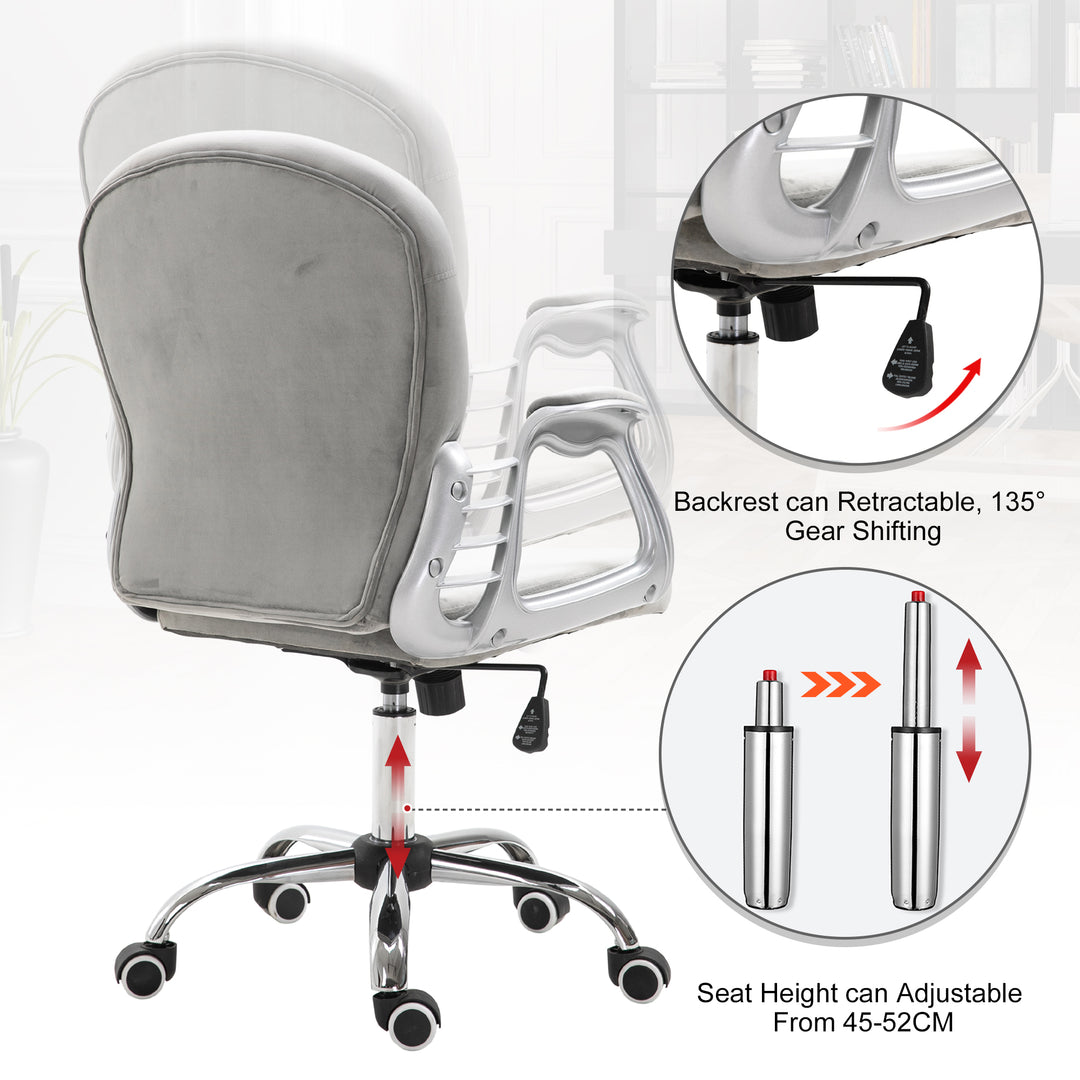 Kontorstol, ergonomisk skrivebordsstol med armlæn, polstret ryglæn, højdejusterbar computerstol med fløjlslook, drejestol til hjemmekontor, grå