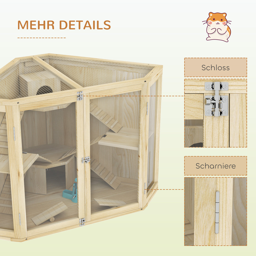 Hamsterbur, 4-etagers design, med foderstation, vippe, rampe, hytter, 115 x 69,5 x 79 cm, træ