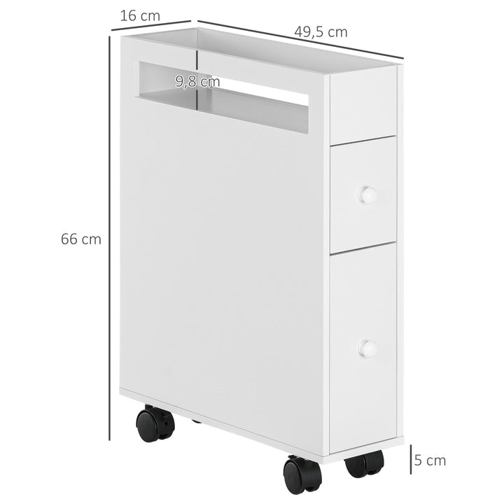 Niche-vogn badeværelsesskab rulleskab, slankt design, to skuffer, fire hjul, hvid, 16 x 49,5 x 66 cm