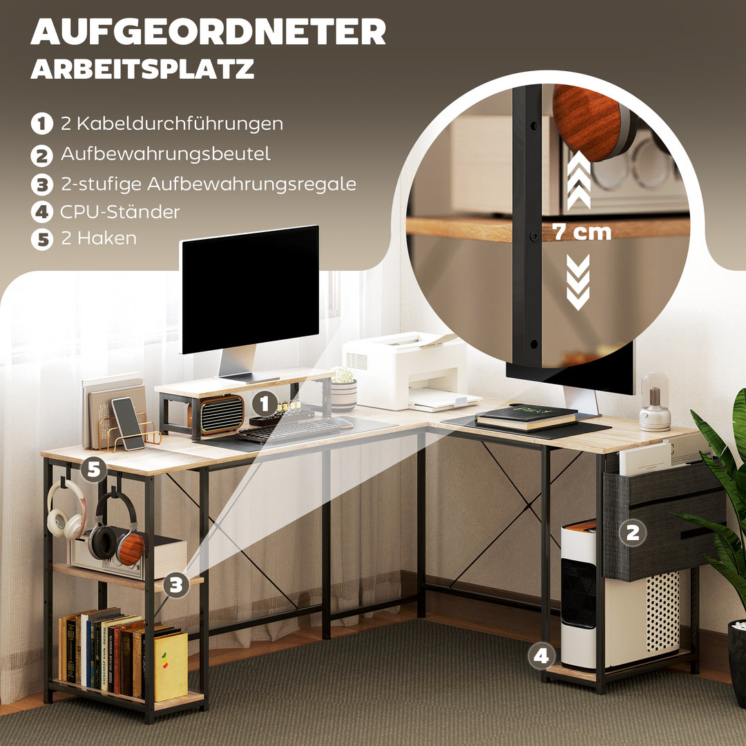 L-formet skrivebord, alsidigt kontorbord med justerbare hylder og opbevaringstaske, skærmstativ, naturfarvet
