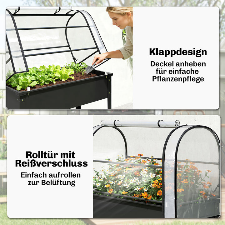 Højbed med drivhustilbehør, plantekasse med hængslet låg, rullebar, lynlåsdør, drænhul, sort