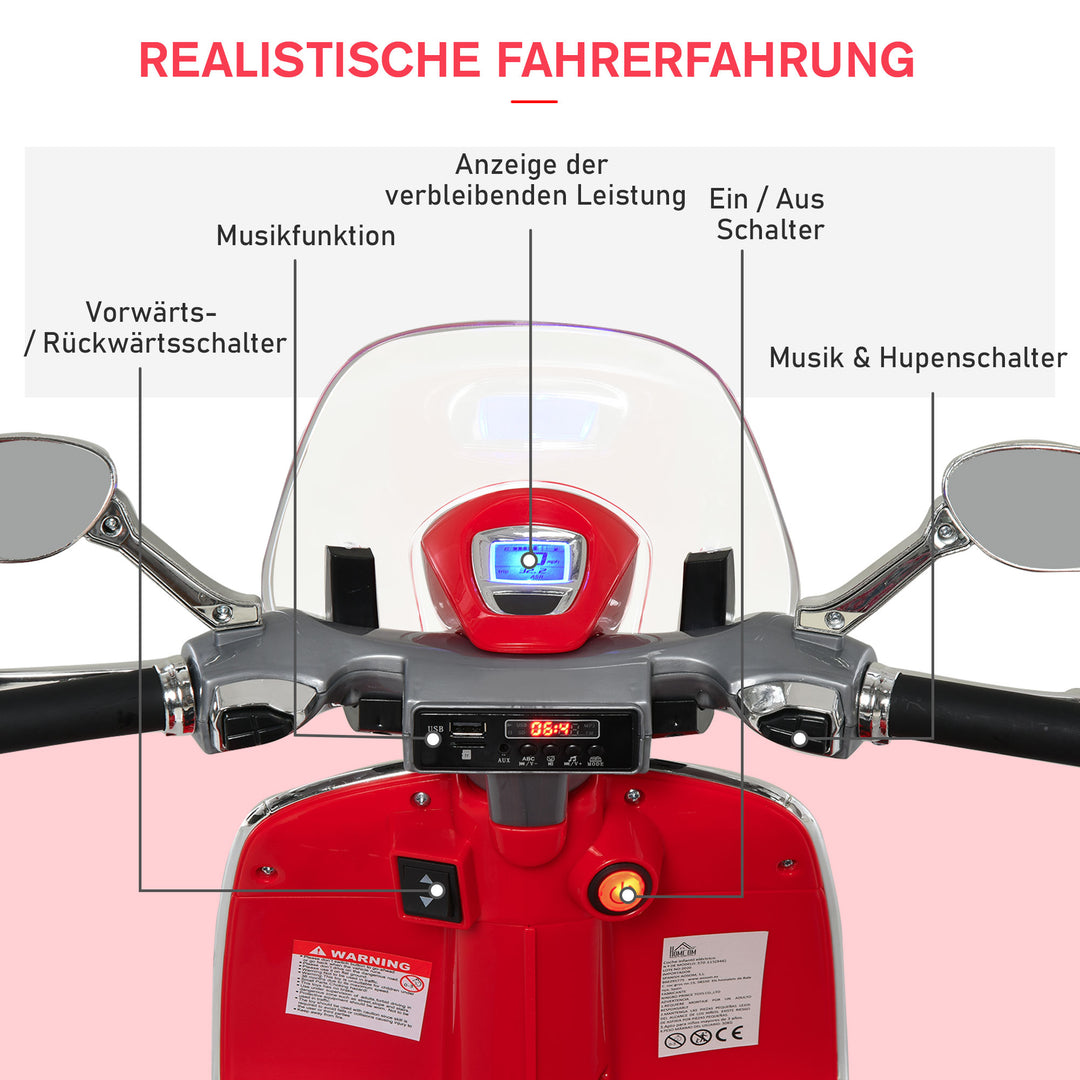 Børne elmotorcykel, 6v børnemotorcykel med forlygte, musik, frem- og bakgear, støttehjul, 30 kg lastkapacitet, elmotorcykel til børn 3-6 år, rød