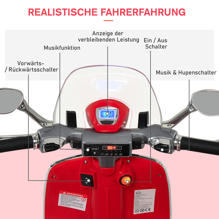 Børne elmotorcykel, 6v børnemotorcykel med forlygte, musik, frem- og bakgear, støttehjul, 30 kg lastkapacitet, elmotorcykel til børn 3-6 år, rød
