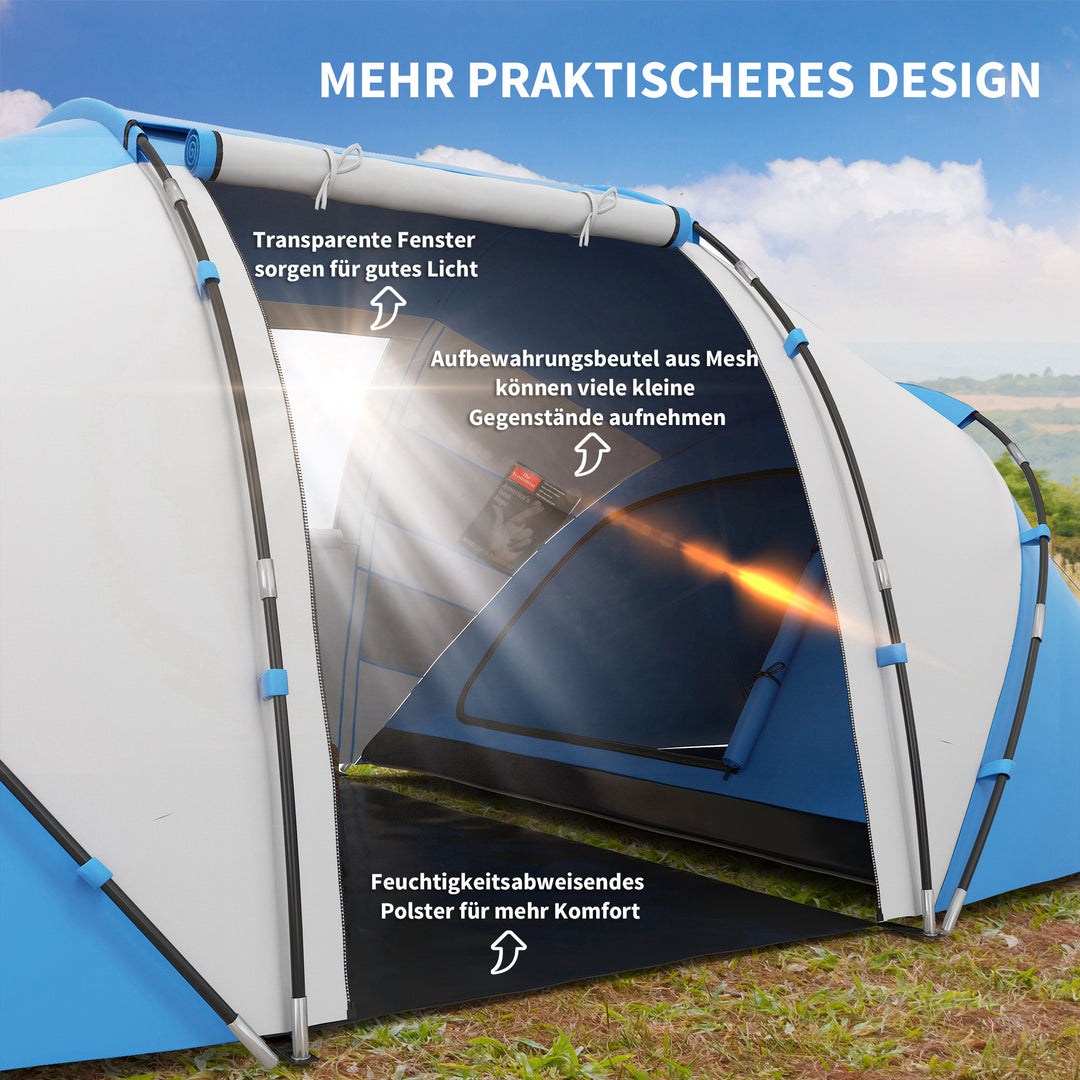 Let, stabilt, vandtæt campingtelt til 4-6 personer, familietelt med indgang og bund, 2000 mm vandsøjle, tunneltelt, kuppeltelt til camping, rejser, trekking og havebrug, blå