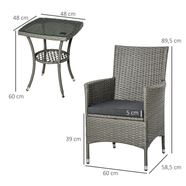 Havemøbelsæt i polyrattan, udendørs lounge med balkonmøbler til 2 personer, 3-delt siddegruppe, 2 stole, bordhynder, havelounge til haven, terrasse, balkon, grå