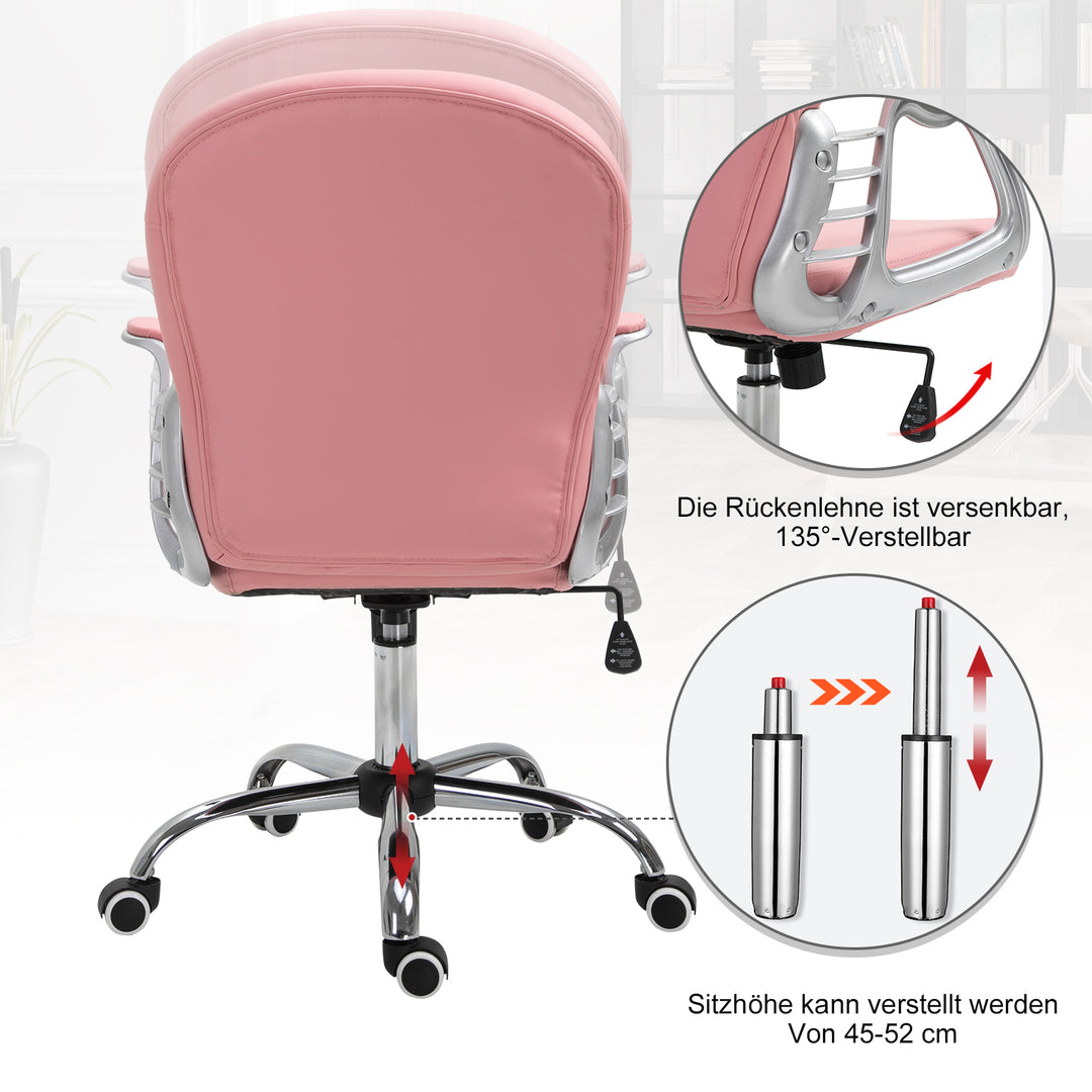Kontorstol, ergonomisk skrivebordsstol med armlæn, polstret ryglæn, højdejusterbar computerstol med kunstlæderlook, drejestol til hjemmekontor, lyserød