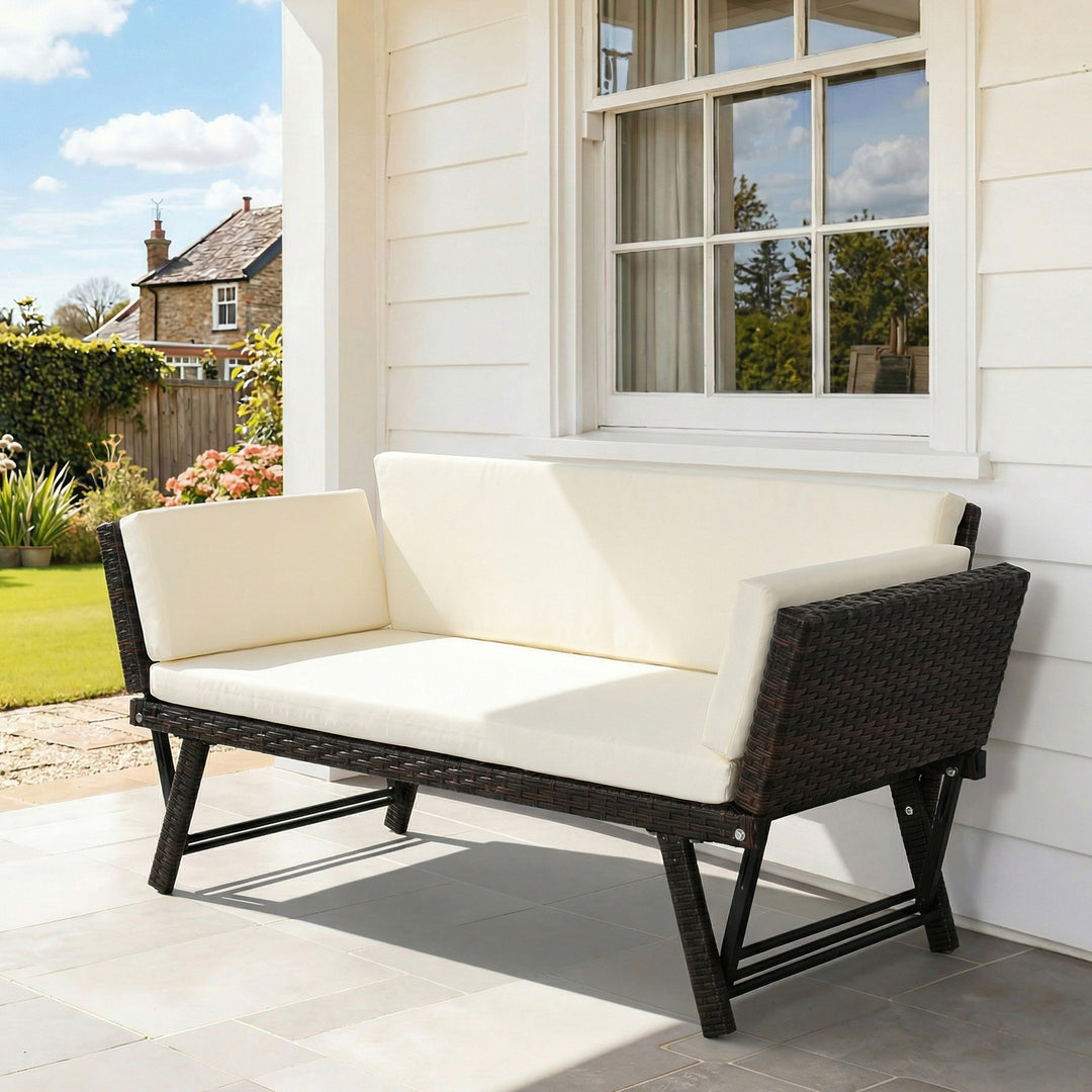 Polyrattan havesofa, 2-personers, havemøbler, loungesofa, havebænk, havelænestol, foldbar, armlæn i stål, brun, 129 x 63 x 67 cm