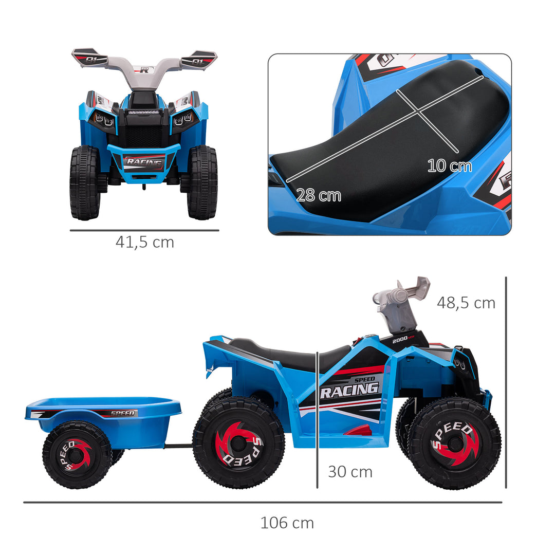 Børne atv, genopladelig, 2,5 km/t, med anhænger, 50 min. køretid, til børn 1,5 til 3 år, blå
