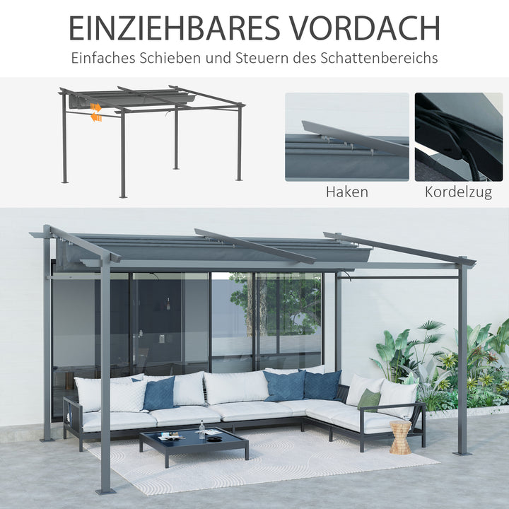Pergola, inklusive monteringsbeslag, udtrækkeligt tag, 3,97 m x 2,95 m x 2,3 m, mørkegrå