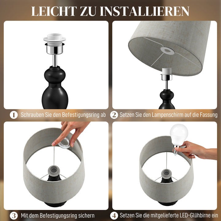 LED-bordlampe med 3 farvetemperaturer, sengelampe med USB A+C-opladeporte, skærm i linned, sort