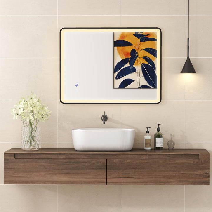 LED badeværelsesspejl, dugfrit, dæmpbart makeupspejl med belysning, 80 x 60 cm, sort ramme