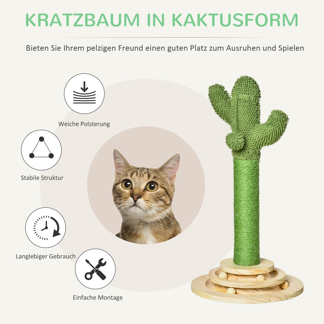 Kradsetræ til katte kaktus kradsetræ af fyrretræ, sisalreb med træbold, kattelegetøj til katte, 60 cm højt, grøn+natur