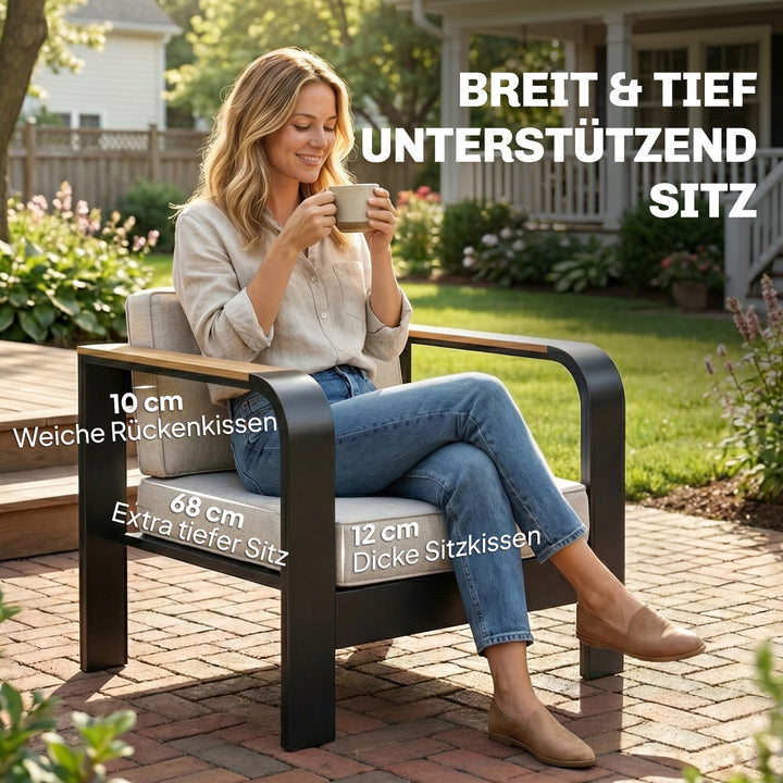 Havemøbelsæt, ekstra dybe sæder, med 2-personers sofa, 2 lænestole, WPC lamelbord, aluminiumsstel, beige