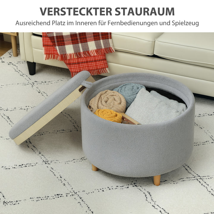 Skammel polstret fodskammel, teddy fleece, skjult opbevaringsplads, vendbart låg, 56 cm x 56 cm x 42 cm, grå