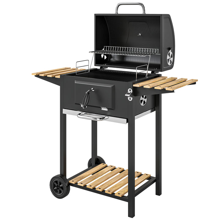 Kulgrill, højdejusterbar kulpande, grillvogn, hylder, termometer, flaskeåbner, stål, træ, sort
