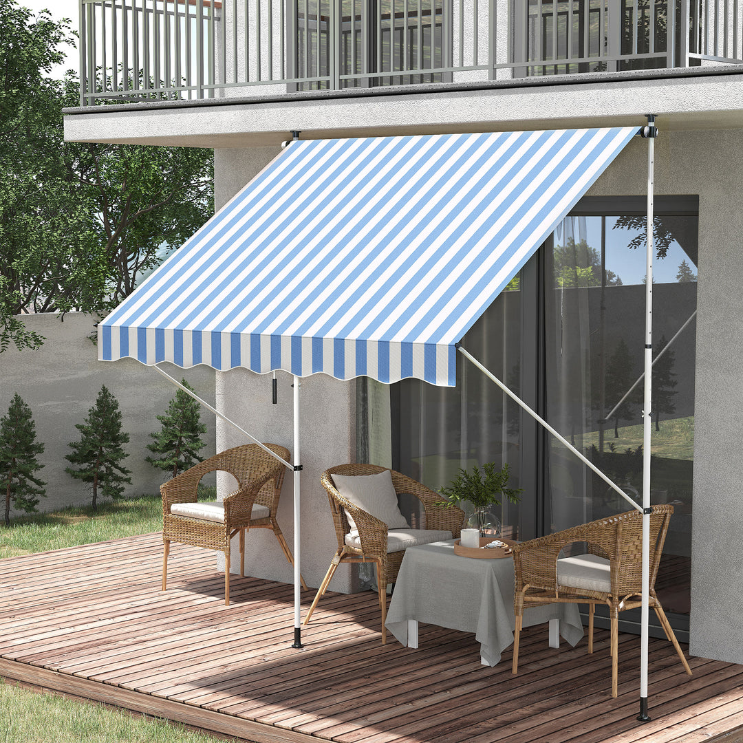 Klemmemarkise med håndsving, højdejusterbar, leddelt armsmarkise, smudsafvisende, vejrbestandig, balkonmarkise 150 cm bred, terrassemarkise til terrasse, balkon, veranda, blå+hvid