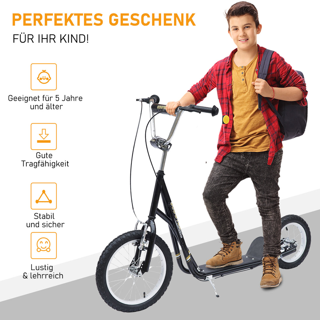 Børneløbehjul 16/12 tommer løbehjul kickscooter med bremser city scooter kickboard børneløbehjul til 5+ år børn sort 135 x 58 x 92-100 cm