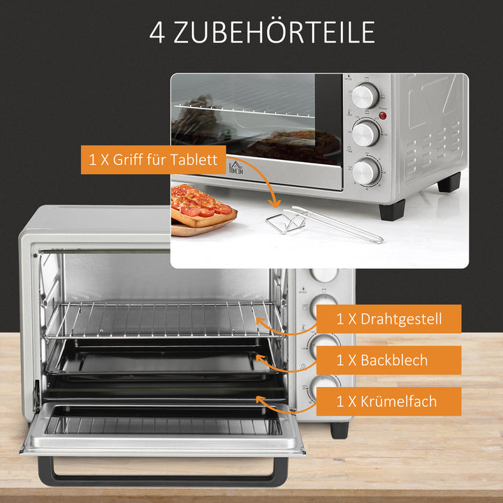 Miniovn 32l 100°c-230°c 1600 w miniovn med bageplade krummebakke grillrist og 3 tilberedningstilstande pizzaovn med timer bagepladehåndtag rustfrit stål sølv