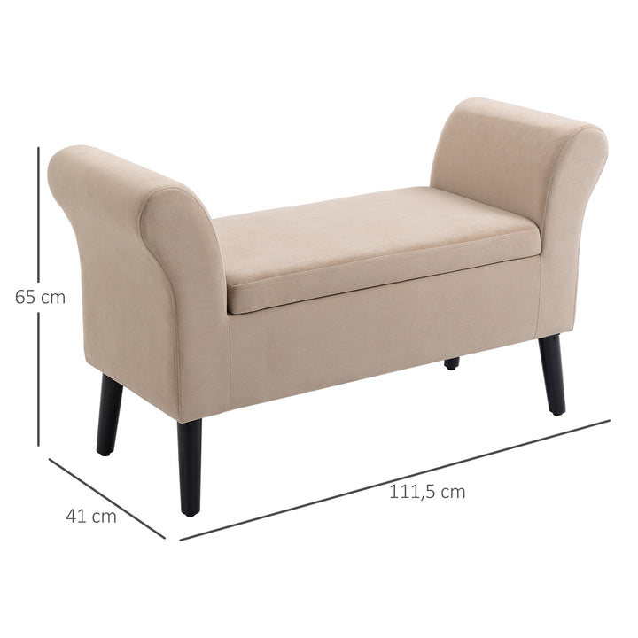 Polstret bænk med opbevaringsplads, kommodebænk med armlæn, 46 cm sædehøjde, fløjl polyester, 111,5 x 41 x 65 cm, beige