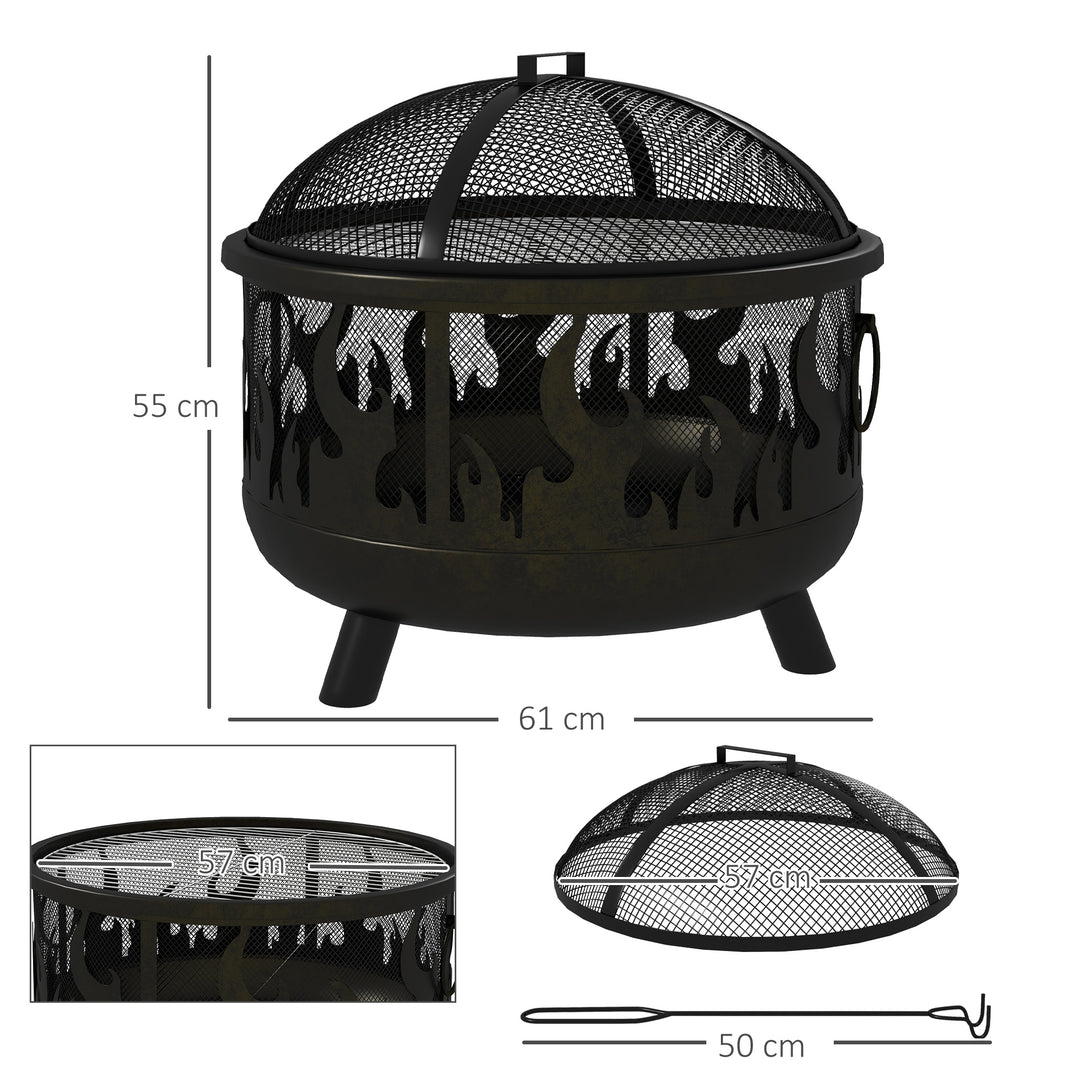 Bålskål, inklusive gnistbeskyttelse, 1 ildstok, 61,5 cm x 52 cm, sort