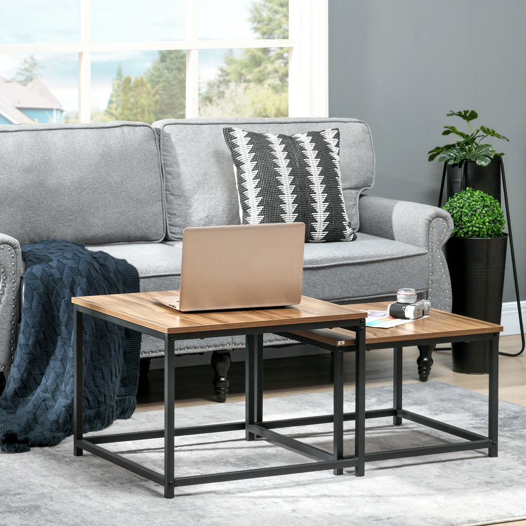 Indskudsbord sæt med 2 sideborde, industridesign, sort stålstel, bordplade i trælook