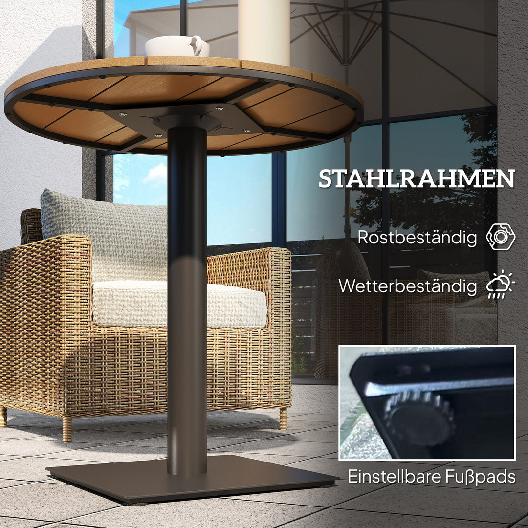 Havebord Ø70 cm, vejrbestandigt rundt balkonbord med lameldesign, stål Ø70 x 74H cm naturtræ