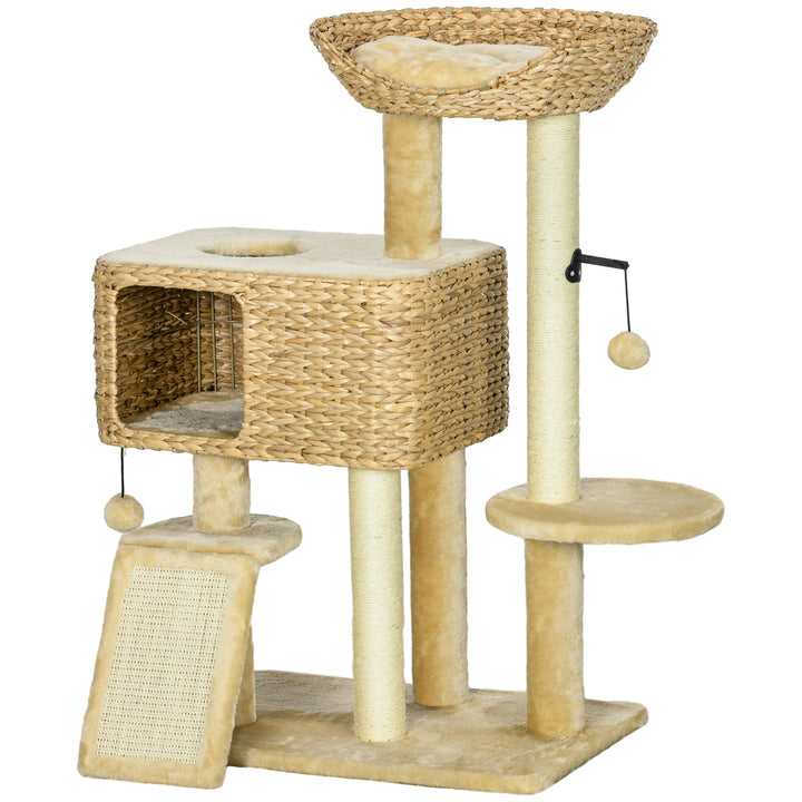 Kradsetræ til katte, 1 kattehule, 1 katteseng, 1 liggeflade, 1 rampe, 60 cm x 40 cm x 98 cm, naturlig + beige