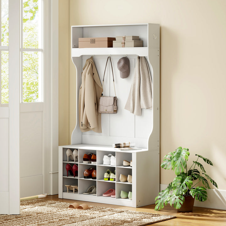 Garderobe med hylde, bænk, kroge, skorum, spånplade, MDF, hvid
