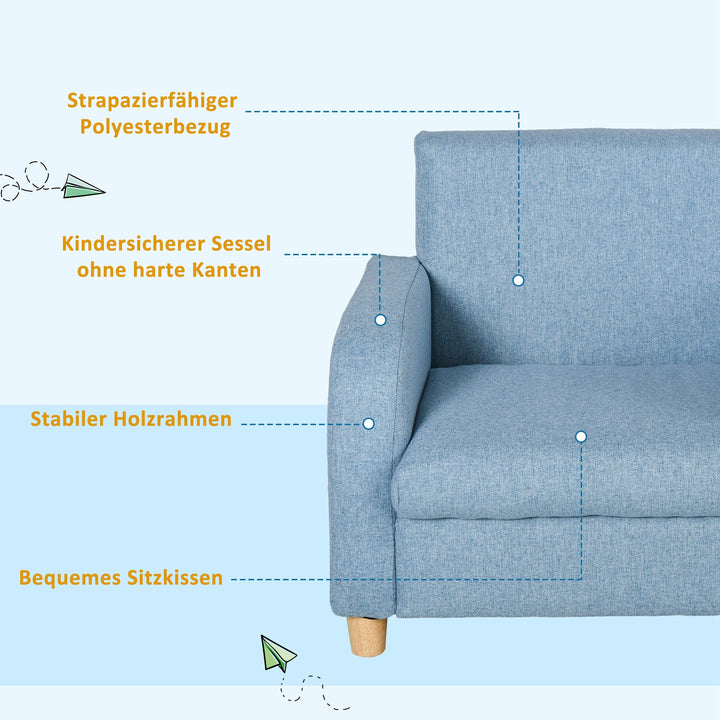 Børnelænestol/sofa med linnedlook, ben i massivt træ, skumpude, børnestol til børneværelse/legerum, 49 x 45 x 44 cm, til børn 3-5 år, blå
