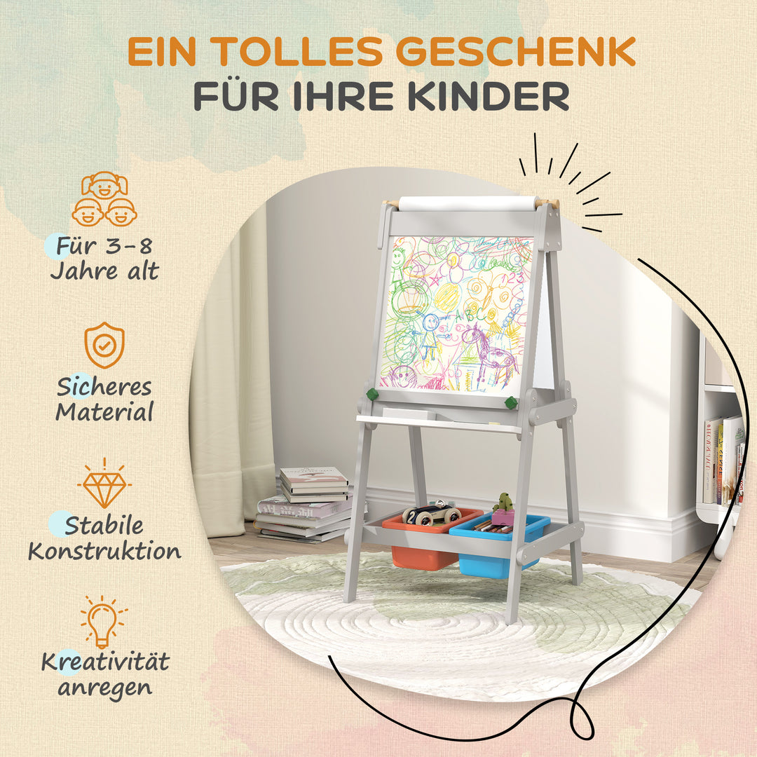 Dobbeltsidet børnestaffeli med papirrulle, tavle, whiteboard, 3-i-1-design, til tegning og maling
