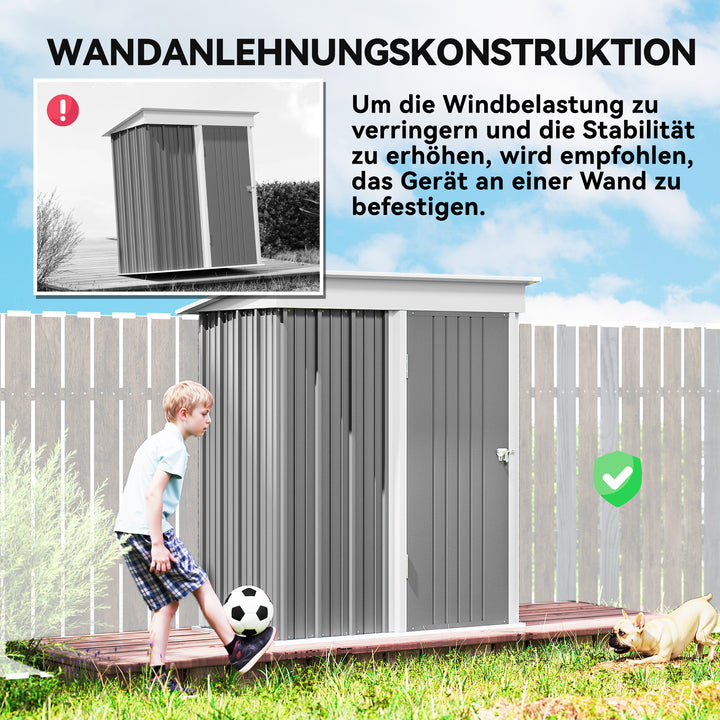 Haveskur, udendørs redskabsskur lavet af bølgepapstål, vægmonteret design, justerbare hylder, aflåselig dør, grå