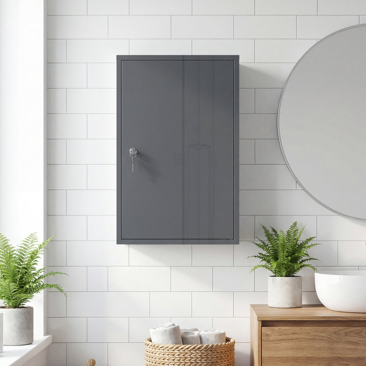 Vægmonteret medicinskab, badeværelsesskab med 3 hylder, 2 nøgler, 40 x 18 x 60 cm, grå