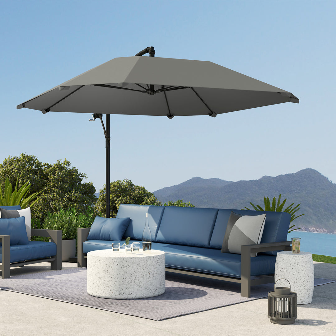 Aluminiums fritstående parasol, Ø 260 cm, vandtæt, håndsvingsbetjent parasol med stativ og håndsving, mørkegrå
