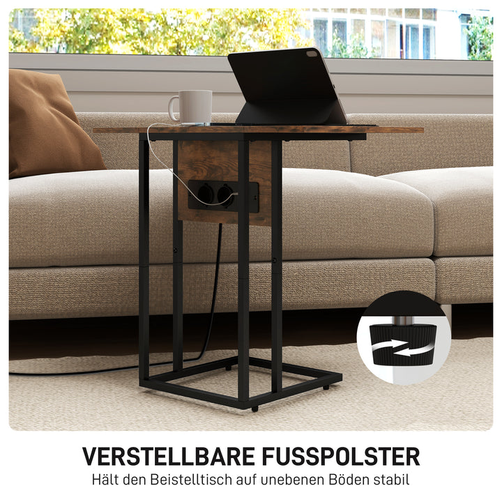 Sammenklappeligt sidebord, ladestation med USB-porte, metal, 39 x 29 x 57 cm, brun