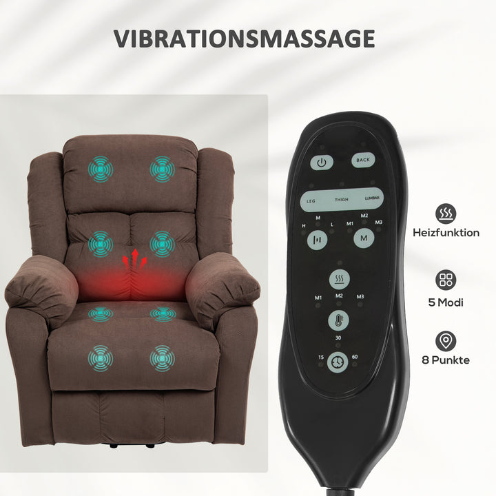 Lænestol med massagefunktion og lændevarme, lænestol med fjernbetjeninger og sidelommer, mørkebrun