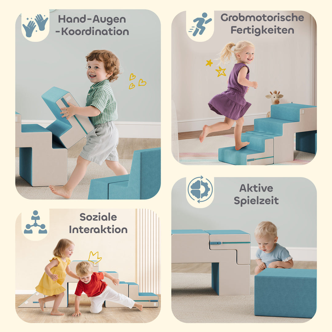 2-delt blødt legesæt til småbørn, kunstlæder, skum, til klatring, bygning, leg, beige+blå