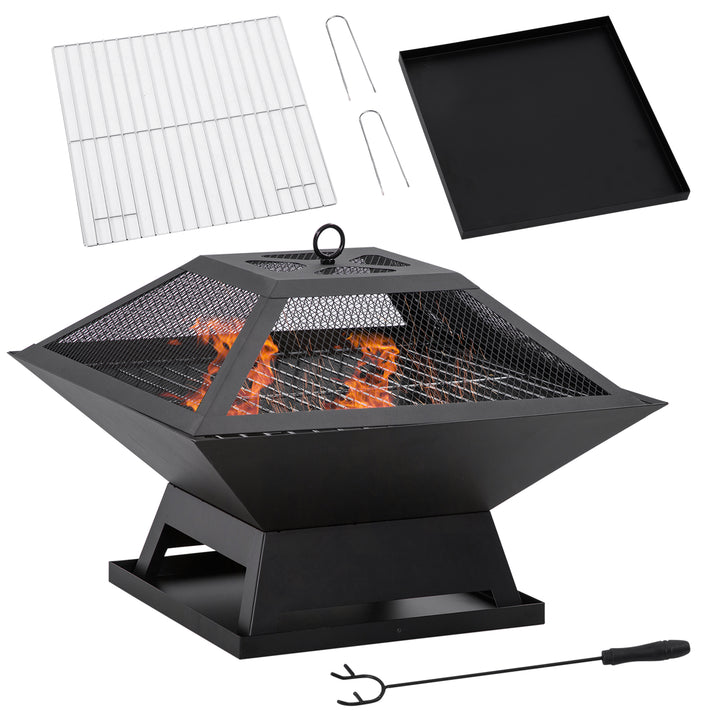Bålfad 45 x 45 x 34 cm lavet af rustfrit stål bålfad med gnistbeskyttelse poker bålfade bålkurv til have, balkon, grill camping sort