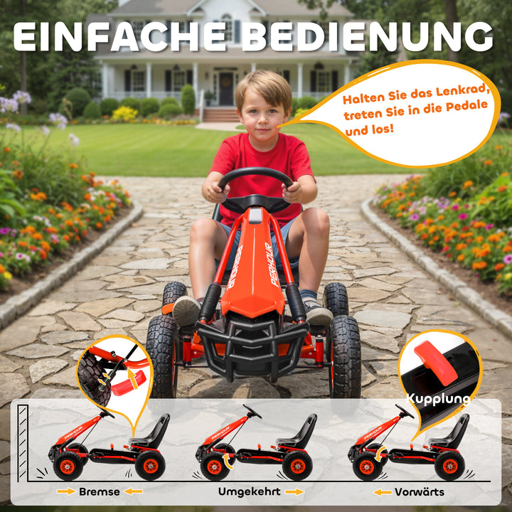 Pedal-gokart til børn, højdejusterbart sæde, EVA-hjul, bremse, kobling, alder 3-8, rød